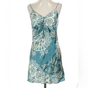 ZARA Teal Blue Cream Floral Satin Mini Cocktail Dress